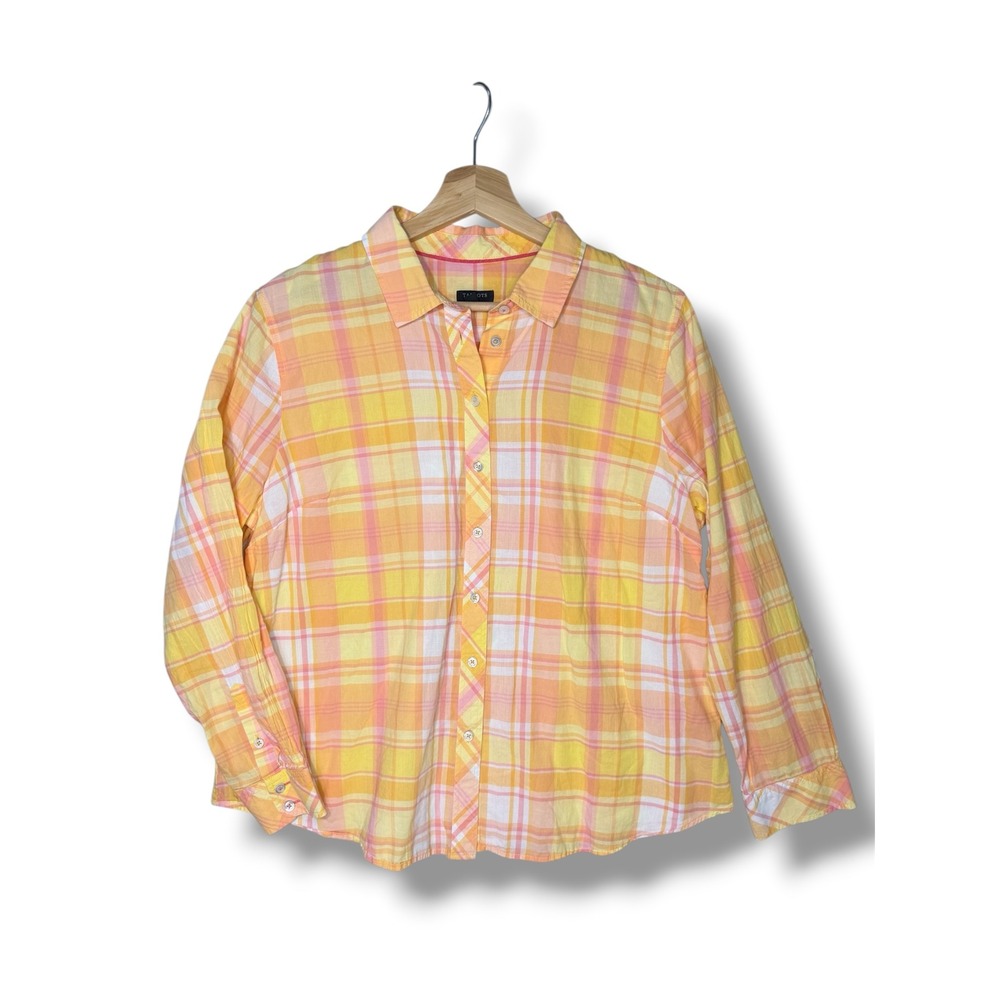Talbots Petite XL Yellow Pink Plaid Cotton Long Sleeve Button Up Shirt Madras